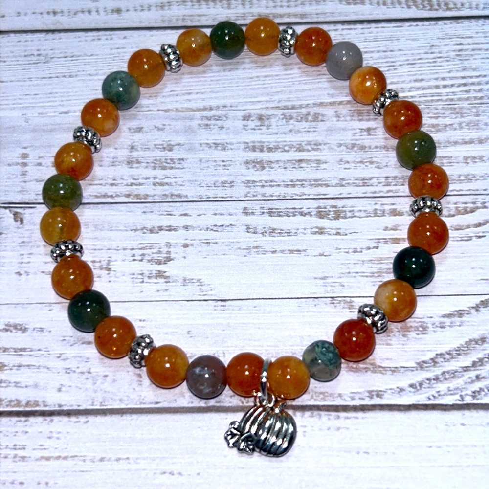 Handmade Fall Pumpkin Charm Bracelet with Natural Indian Agate & Sun Stones!